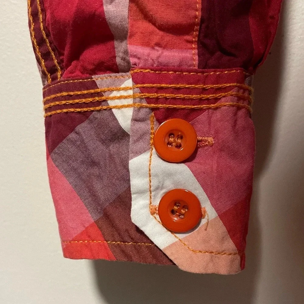 Tanjim Red & Orange Checked Plaid Hooded Button  Up Shirt Jacket - Size Large - Picture 3 of 11